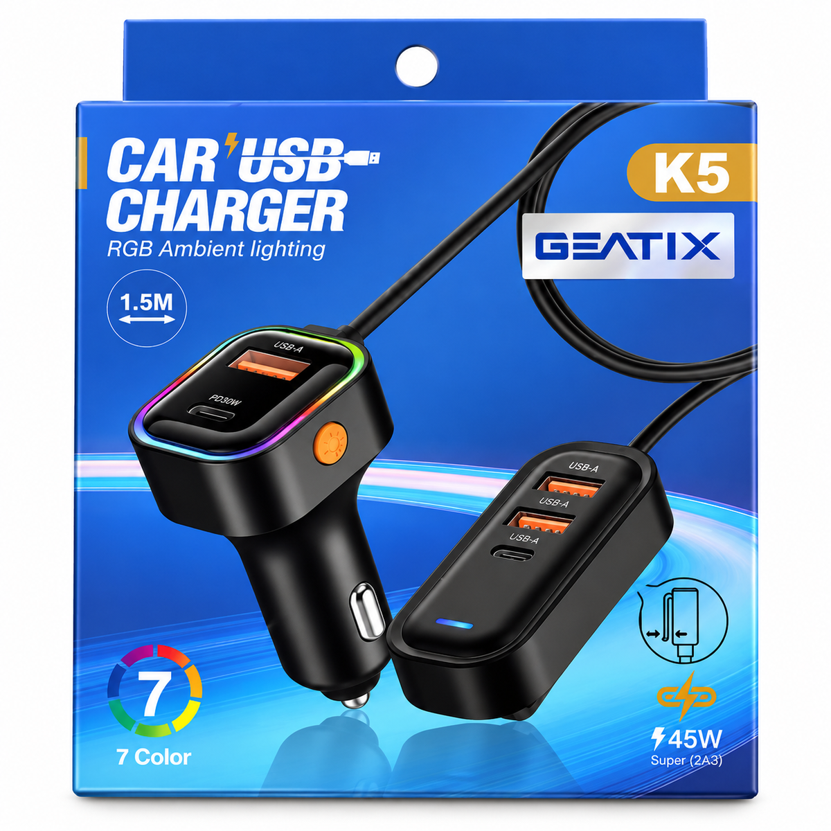 GEATIX K5 45W Car USB Charger with RGB Ambient Light & 1.5m Extension