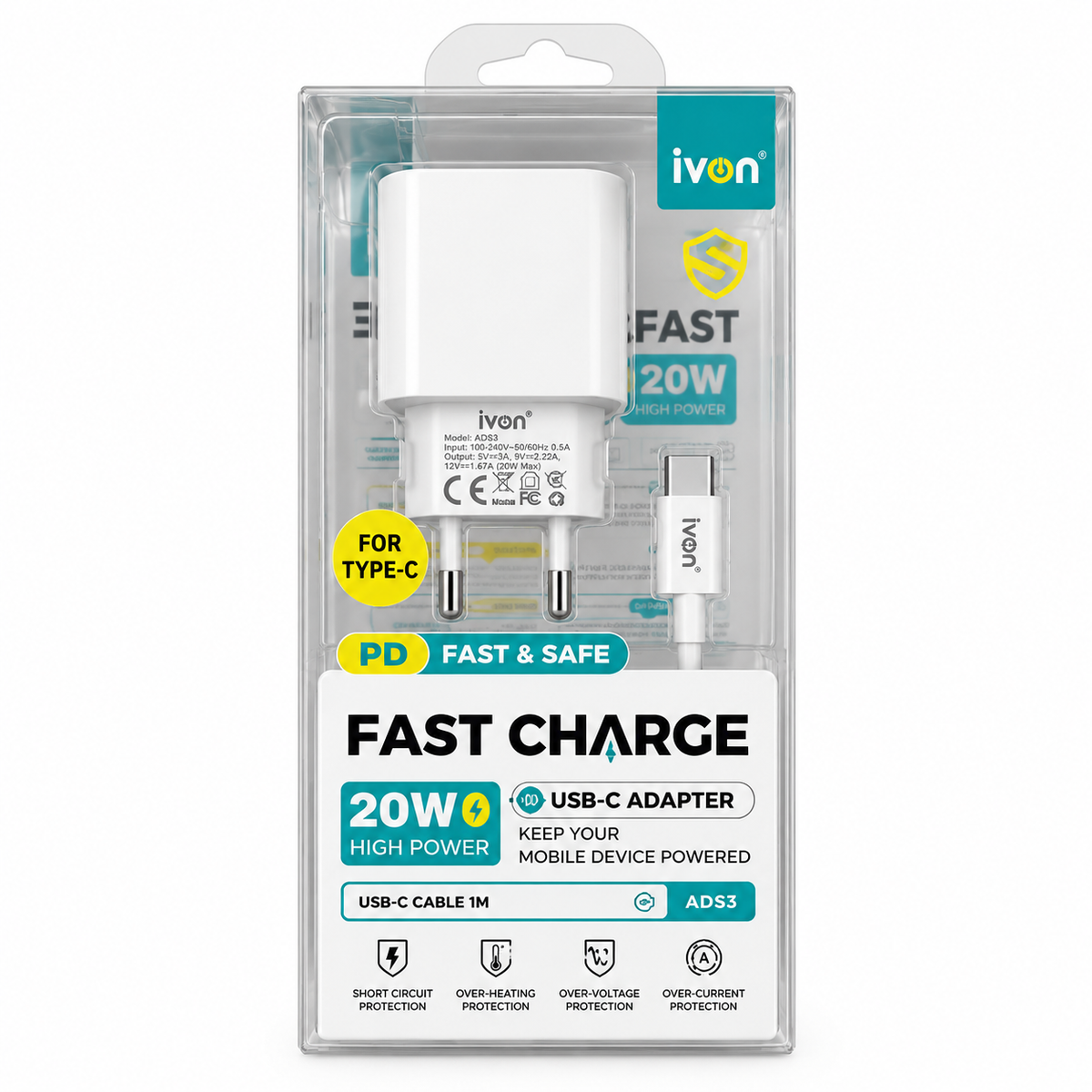 ivon ADS3 20W USB-C PD Fast Charger with 1m USB-C Cable