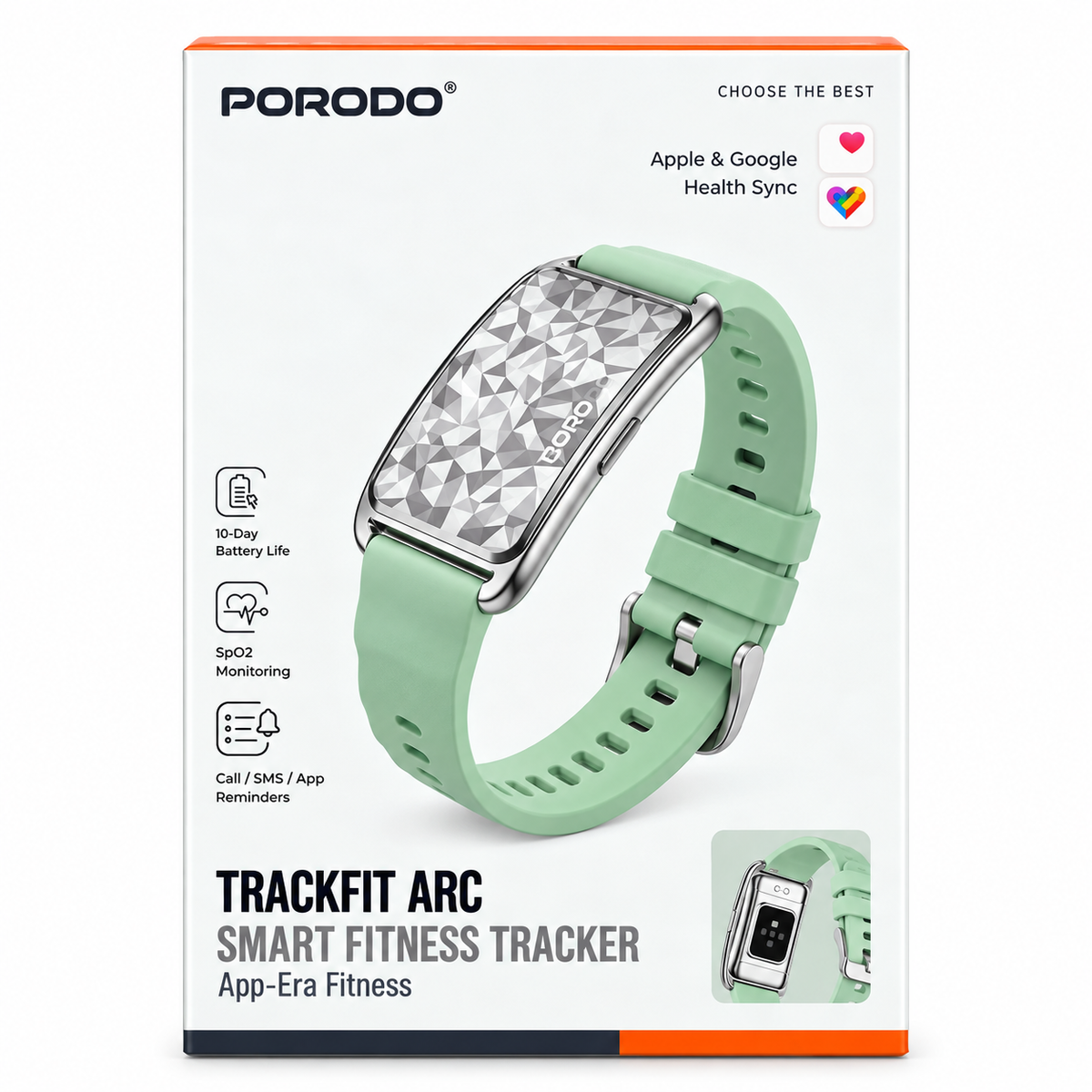 Porodo TrackFit Arc Smart Fitness Tracker with SpO2 Monitoring – Mint Green